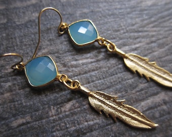 Feather Earrings,Blue Earrings,Gold Earrings,Drop Earrings,Light Blue,Gold Feather Earrings,Blue Gemstone,Tribal earrings,Feather Earrings