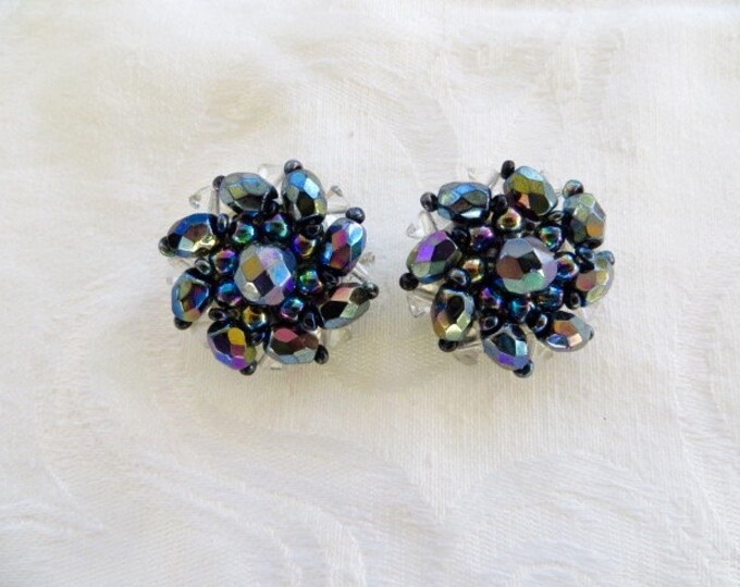 Vintage Clip Earrings West Germany Aurora Borealis Blue Purple 1950s Jewelry Mid Century Earrings