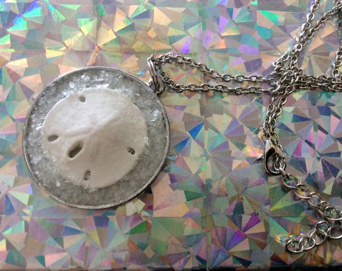 Real Sandollar embedded in silver pendant with silver chain