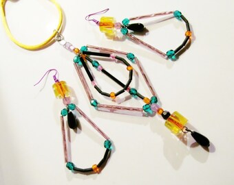 Earrings/PENDANT/ NECKLACE/ SET/ Gift/ For/ Her/ Exotic/ Bold/ Abstract/ Czech/ Glass/ Handmade/ Funky/ Avant Garde/ Artisan/ Woman/ Jewelry