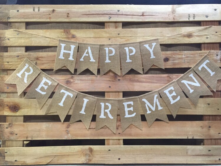 HAPPY RETIREMENT Burlap Banner Retirement Bunting by AlohaInspired