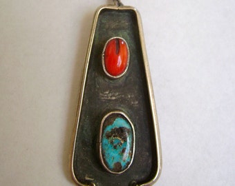 turquoise and coral sterling shadowbox pendant