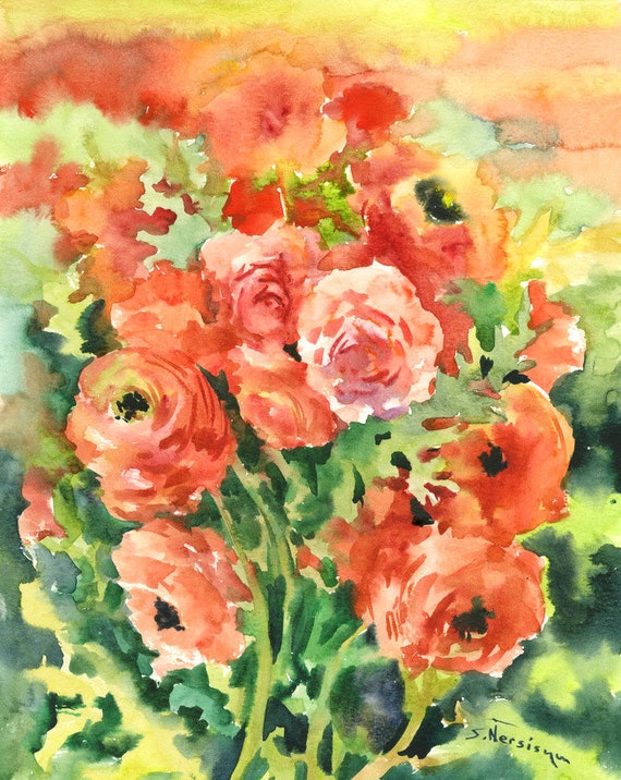 Buttercups Ranunculus original watercolor paintingorange