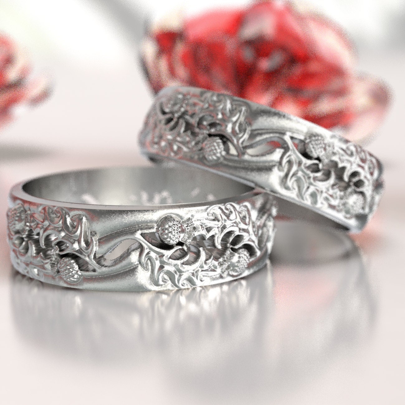Thistle Wedding  Band Set 925 Sterling Silver Scottish  Ring 