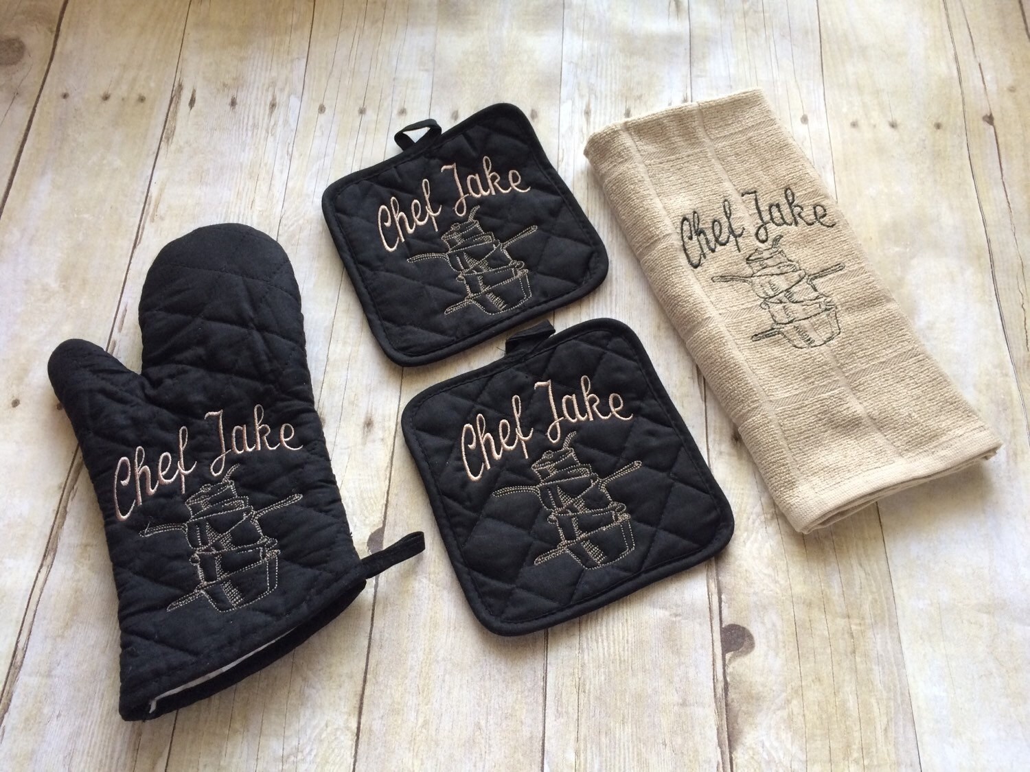 Personalized Kitchen Towel Oven Mitt and Pot Holders