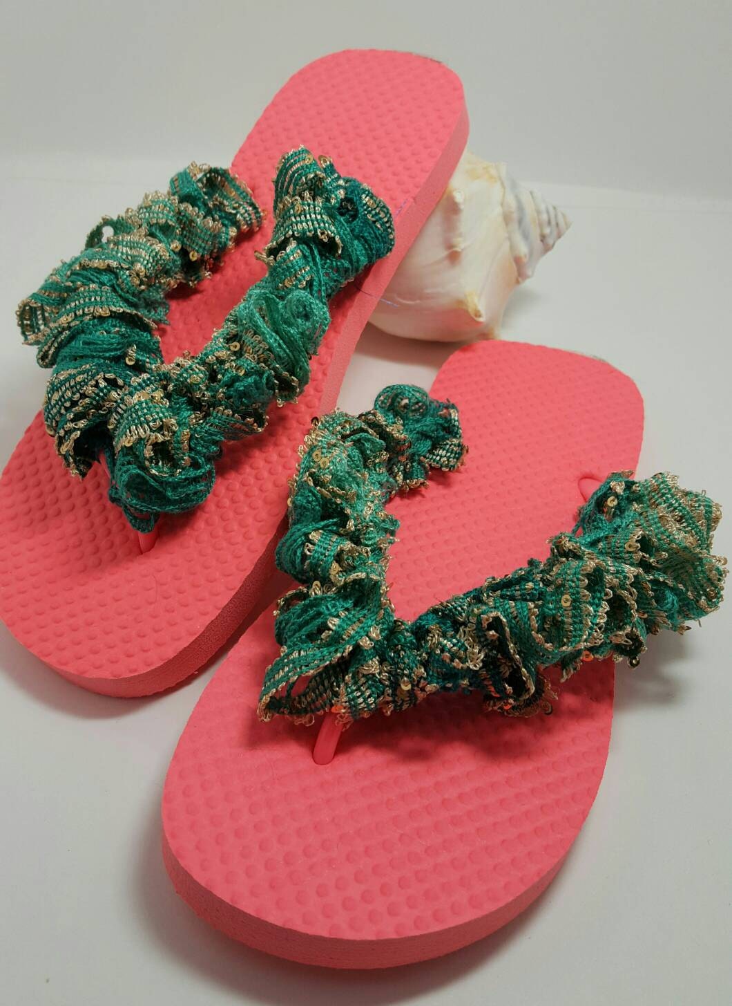 Crochet salmon flip flops.