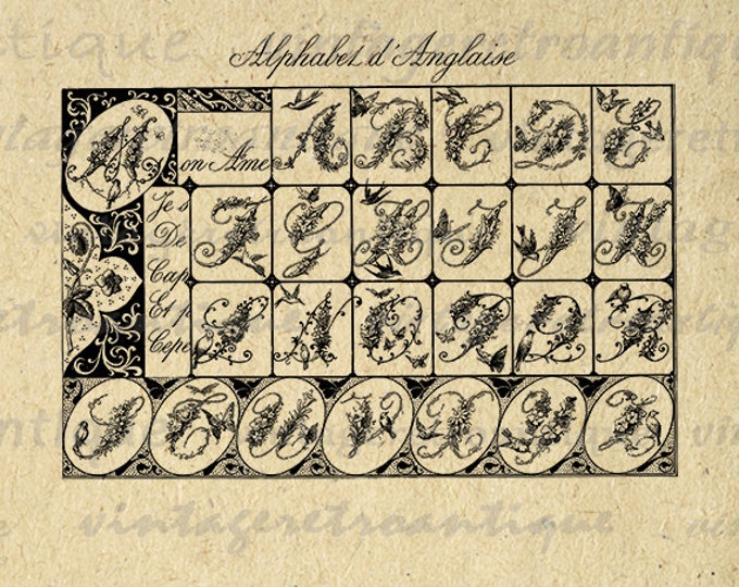 Digital Alphabet Floral Fancy Letters with Birds Graphic Image Collage Sheet Printable Download Antique Clip Art HQ 300dpi No.197