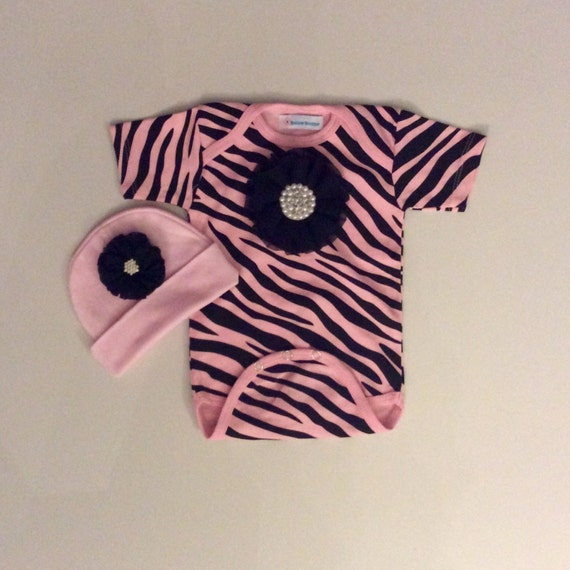 Items similar to Pink Zebra baby girl one piece body suit with chiffon flower and matching