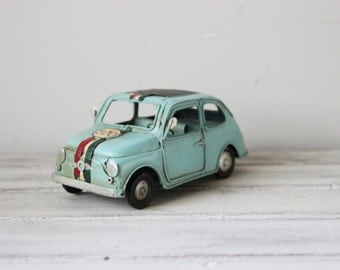 Vintage, turquoise, miniature Fiat car 500, retro, shabby chic style, blue Fiat 500, collectible miniature, mens gift, mid nineties