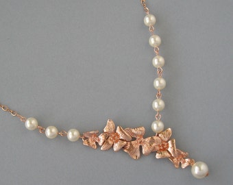 Genuine Swarovski, Bridal Necklace, Cream Swarovski Pearls, Rose Gold Plated, Necklace With Orchids, Pearl Necklace, Bridesmaid Gift - DK230