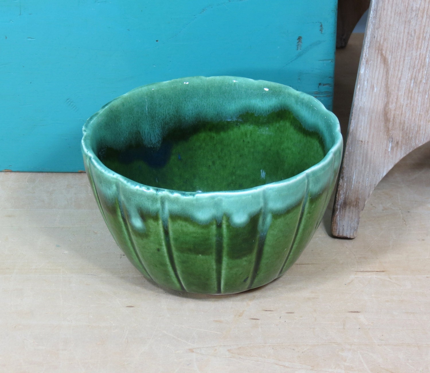 Green Ribbed Flower Pot . Drip Glaze . USA by 13thStreetEmporium