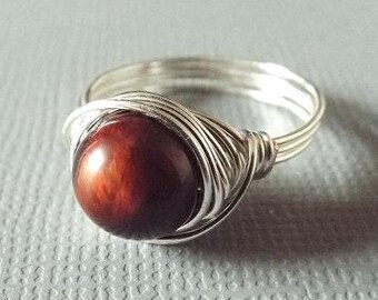 Red Tiger Eye Ring, Wire Wrapped Ring, Unique Ring, Ring for Boyfriend, Girlfriend Gift, Cherry Ring, Mahogany Ring, Tiger Eye Jewelry
