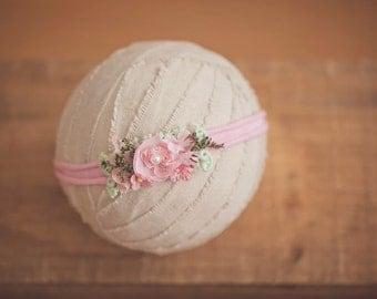 Baby Headband, Madeliene Baby & Girls headband, Pink Photo Prop, Pink Green Newborn Headband, Rose Headband, Floral Headband, Womens Prop
