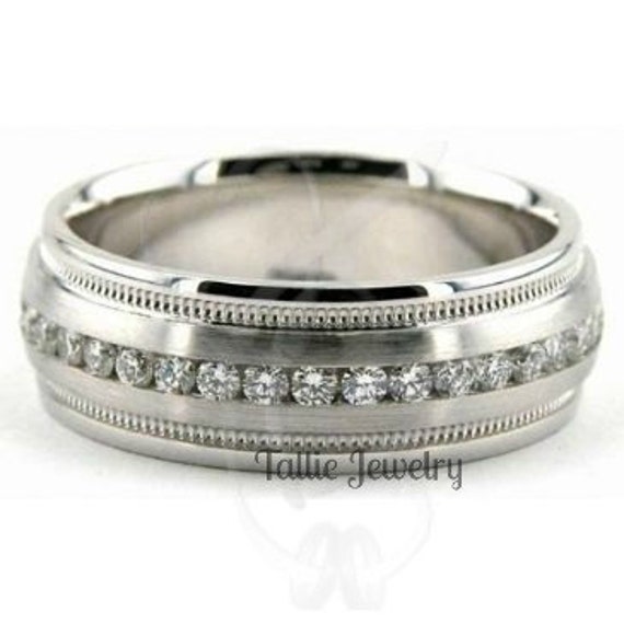 18K White Gold Handmade Wedding Band Ring with Diamonds 7MM