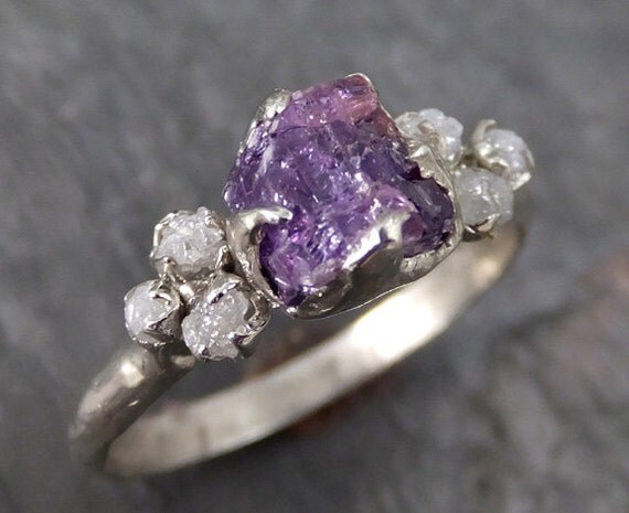Raw Sapphire Diamond 14k White Gold Engagement Ring by byAngeline