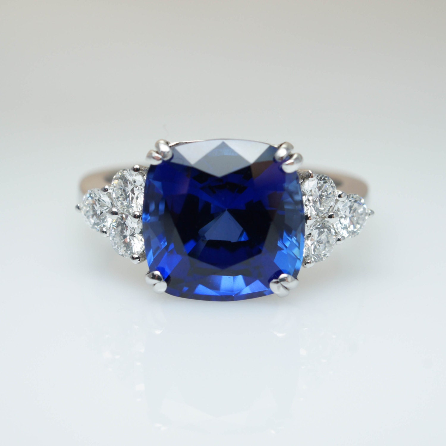 Synthetic Cushion Cut Sapphire Cocktail Ring with Diamond