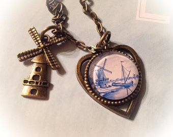 Delft necklace, delft heart necklace, windmill, delft, delft jewelry, Dutch, Holland, windmill charm necklace