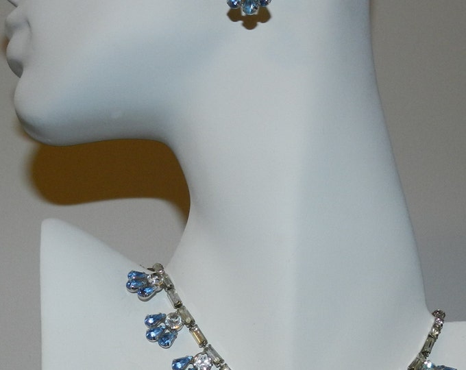 Teardrop Sky Blue Clear Glass Princess Necklace Earrings Set, Fashion Jewelry Set, Mid Century, Vintage Bridal Jewelry, Rockabilly