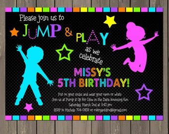 Jump Invitation, Neon Bounce House Invitation, Trampoline Birthday Invite, Neon Party, Glow in the Dark Invitation, Printable or Printed