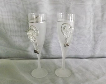 Pair Silvestri Arte Murano Italian Frosted Champagne Flutes