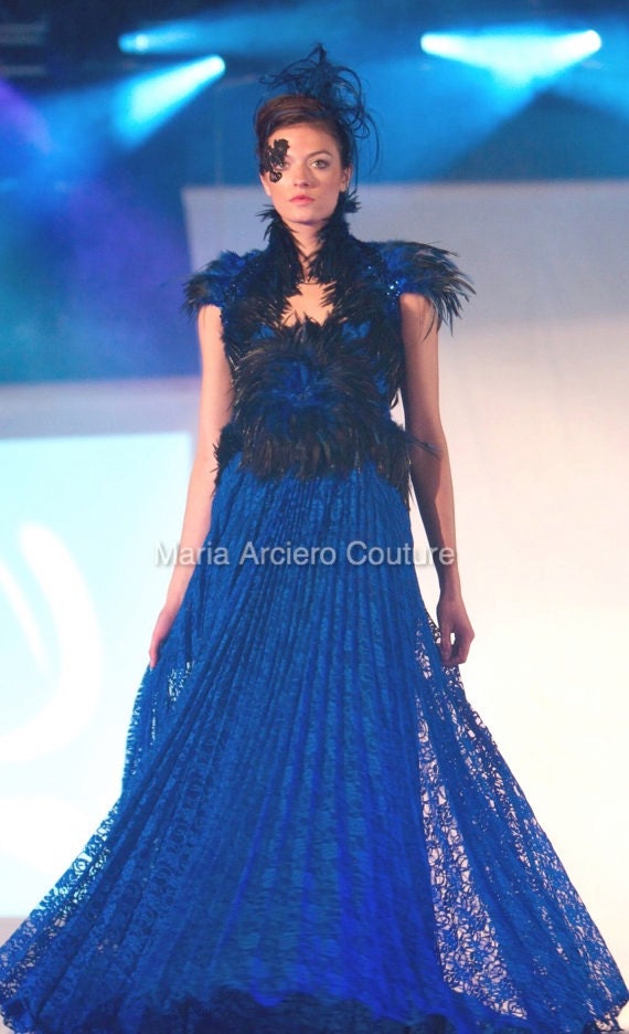 blue feather gown