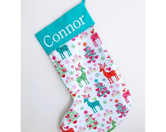 Handmade Nordic Reindeer teal Christmas stocking