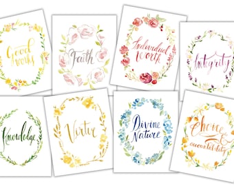 LDS Young Women Values in Watercolor Flower Wreaths (8-pack), DOWNLOADABLE!!