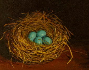 Robins egg nest original oil painting four blue eggs