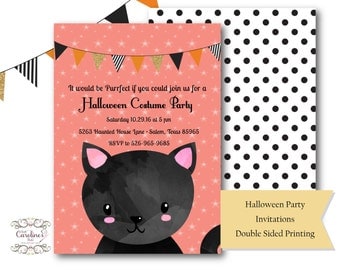 Halloween Birthday Party Invitations- Black Cat- Invitations- Double Sided Printing