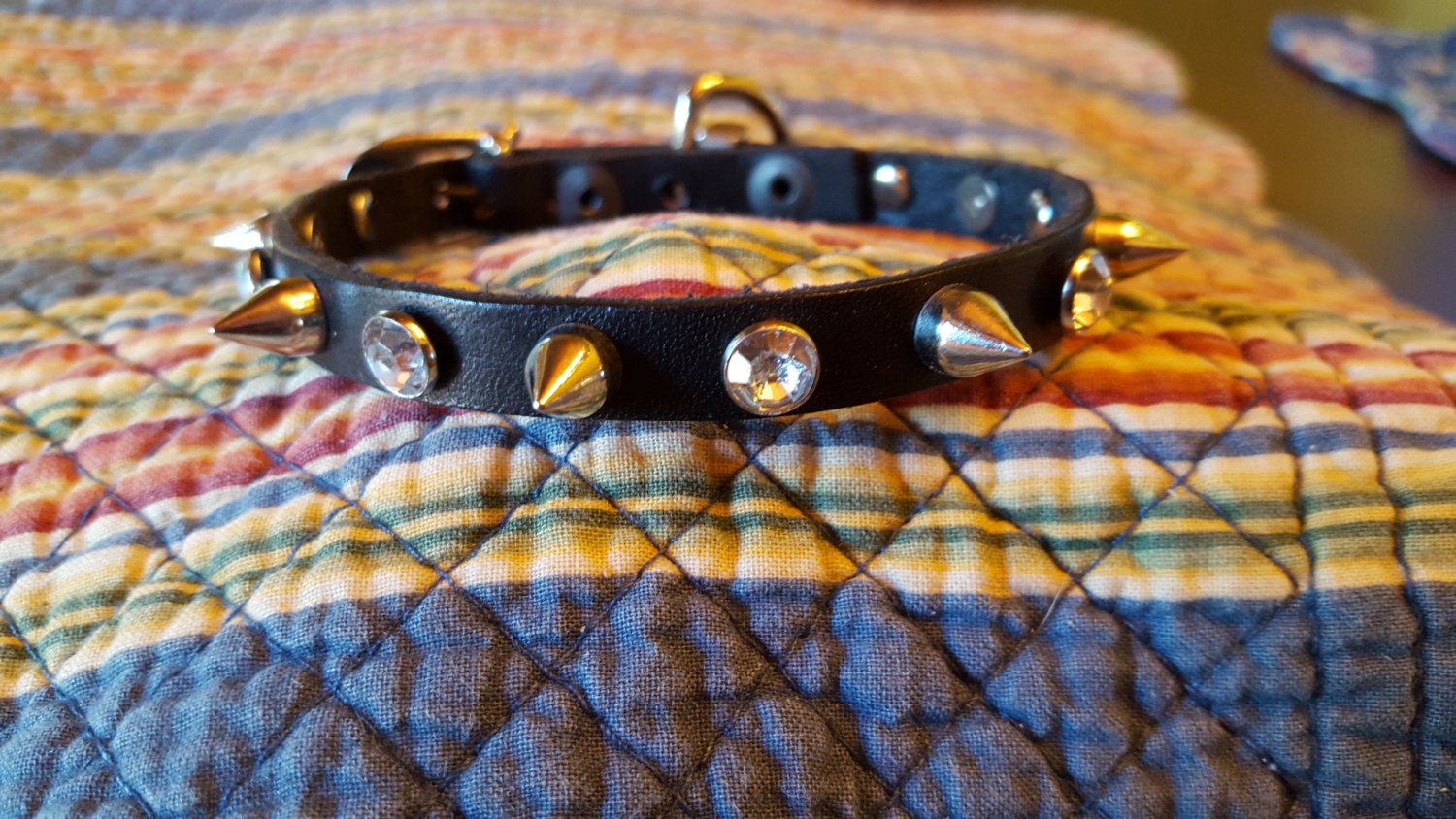 extra small spiked studded rhinestone black leather dog collar