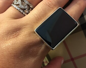 Square Black Onyx Ring handmade with sterling silver and a large black gemstone, statement, cocktail. boho style