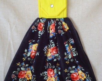 Flower Kitchen Towel, Handmade Topper, Snap Closure, Bright Flowers, Black Background, Roses, Yellow,