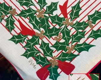 Vintage Vera Christmas Tablecloth, 6 Matching Napkins, 60" x 83", Banquet Cloth, Metallic Gold French Horns and Holly Berries, Vera Neumann,