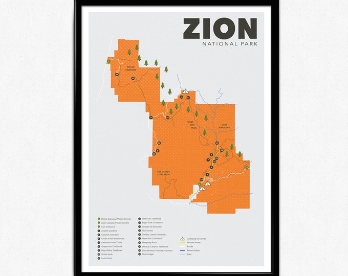 Zion National Park Map, Zion, Outdoors print, Explorer Wall Print