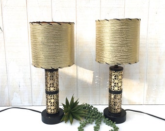 Vintage Pair of Mid-Century Dresser Lamps, Black and Gold Desk Lamps