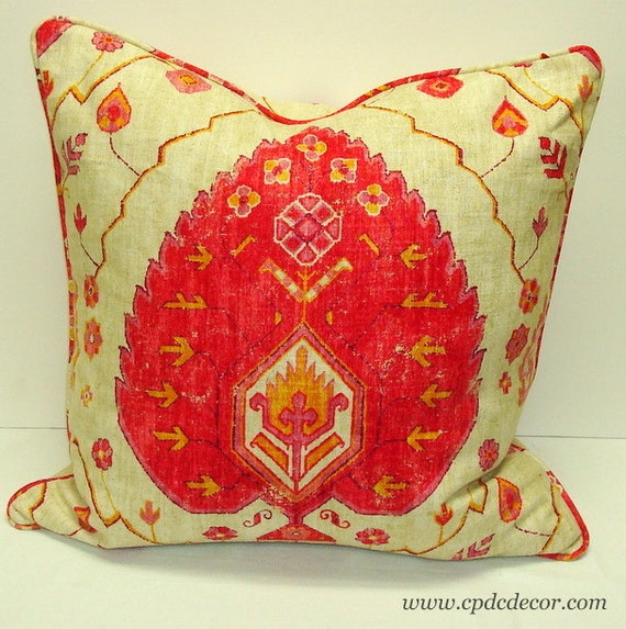 Aubusson Linen Pillow Cover Color Coral Aegan Sahara by CPDCDecor