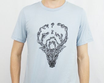 Deer T-shirt, Blue Geometric Animal Art Screen Print Tee, Basshead Clothing, Trippy Art Clothing, Deer Art, Stag Art Bassnectar