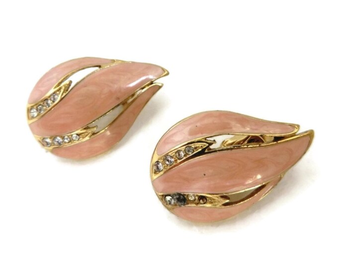 Trifari Salmon Pink Earrings - Vintage Pink Enamel Rhinestone Earrings, Gold Tone Clip-ons, Missing Rhinestones