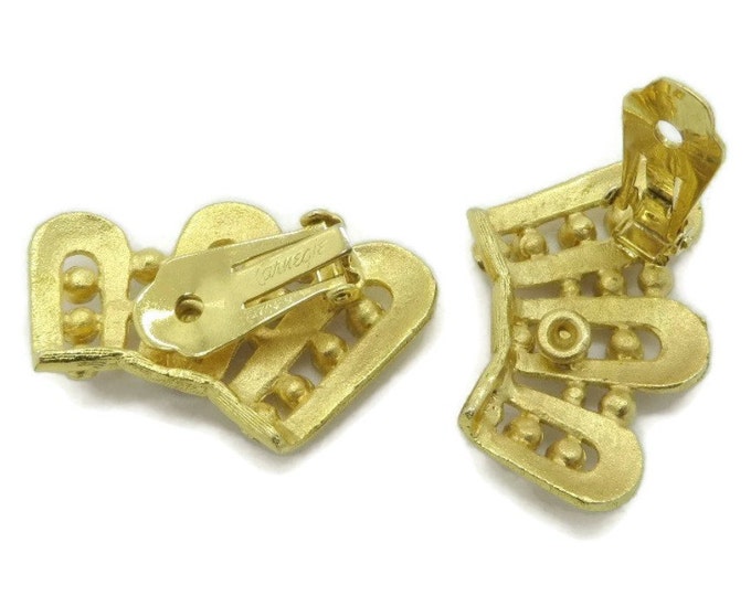 Hattie Carnegie Rhinestone Fan Earrings, Vintage Gold Tone Red White Rhinestone Clip-on Earrings