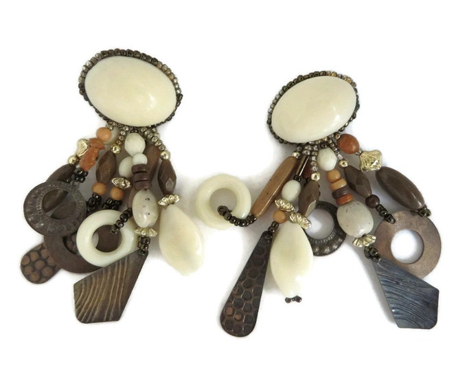 Boho Dangling Earrings, Vintage Cream and Brown Dangles, Beaded Clip-on Earrings, Hippie Clip ons