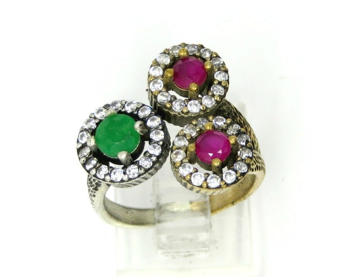 Vintage Emerald & Ruby Bypass Ring, Two Tone Sterling Silver Wrap Ring, Birthday Gift, Christmas Gift, Size 6