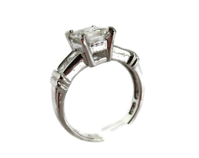 Vintage Sterling Silver CZ Engagement Ring, Emerald Cut Cubic Zirconia Ring, Bridal Jewelry Size 6.75