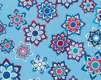 Jenean Morrison Beechwood Park Sun Kissed JM83 blue orange brown white flowers floral juvenile Free Spirit 100% cotton fabric by the yard