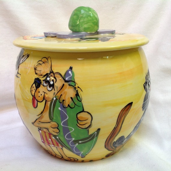 Hand Painted Ceramic Treat Jar / Cookie Jar / Whimsical dog