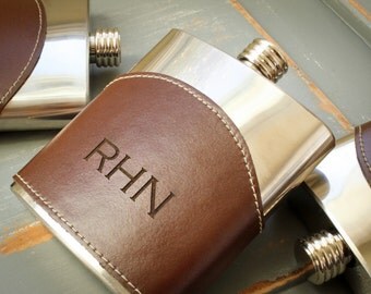 Brown Leather Flask, Genuine Leather Hip Flask, Leather Wrapped Flask: Father of the Bride, Gift for Him, Valentine, Groomsmen Gift
