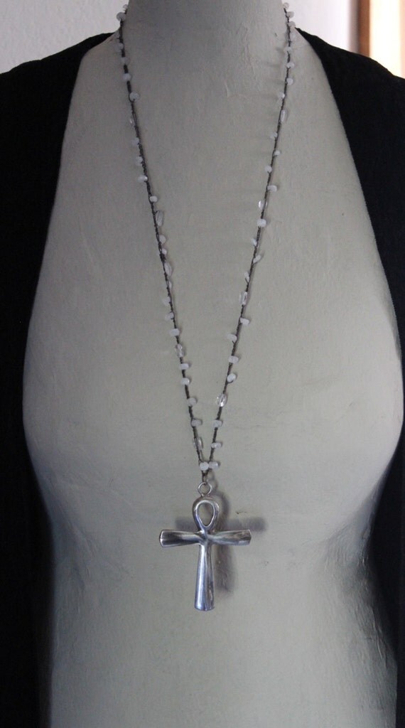 Vintage Sterling Ankh Cross Necklace with Crocheted Silk