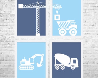 Impresiones de arte de la construcción, transporte vivero, vivero de muchacho bebé, niños pared arte, decoración cuarto de niños, juego de 4 impresiones, carro arte imprime