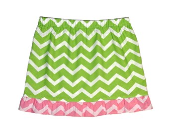 Girls chevron ruffle cotton summer skirt, green & pink. Size 6 handmade