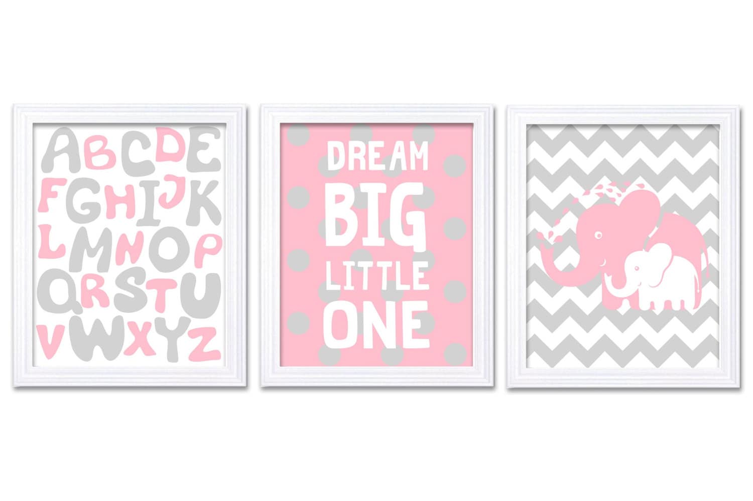 Pink Grey Girls Nursery Art Print Set of 3 Elephant Dream Big Little One Alphabet Nursery Decor Baby