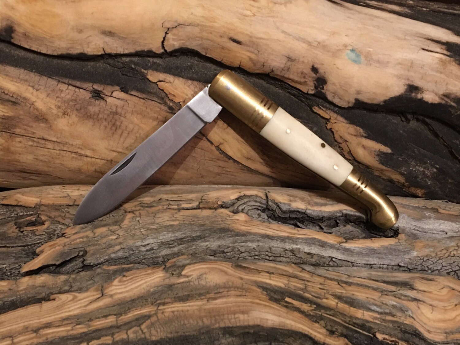 Natural Bone and Brass Colonial style Folding Pocket Knife